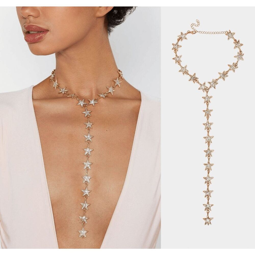 ⭐ Star Drop Spangled Sparkly Shiny Rhinestone Y Lariat Long Gold Necklace NEW